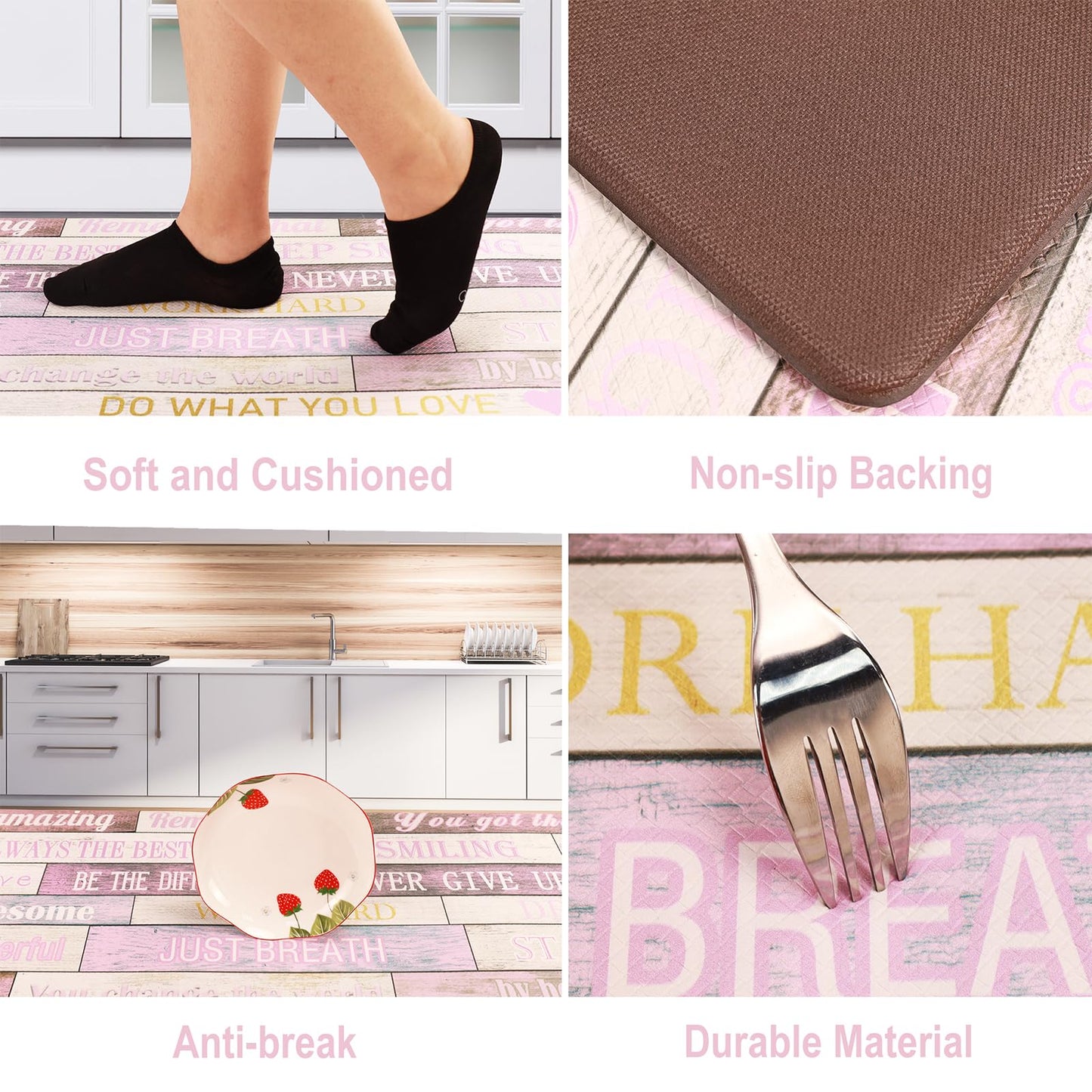 PCSWEET HOME Inspirational Positive Quotes Kitchen Mats for Floor Pink Anti Fatigue Mats for Kitchen Floor Cushioned Waterproof Pink Kitchen Decor Set
