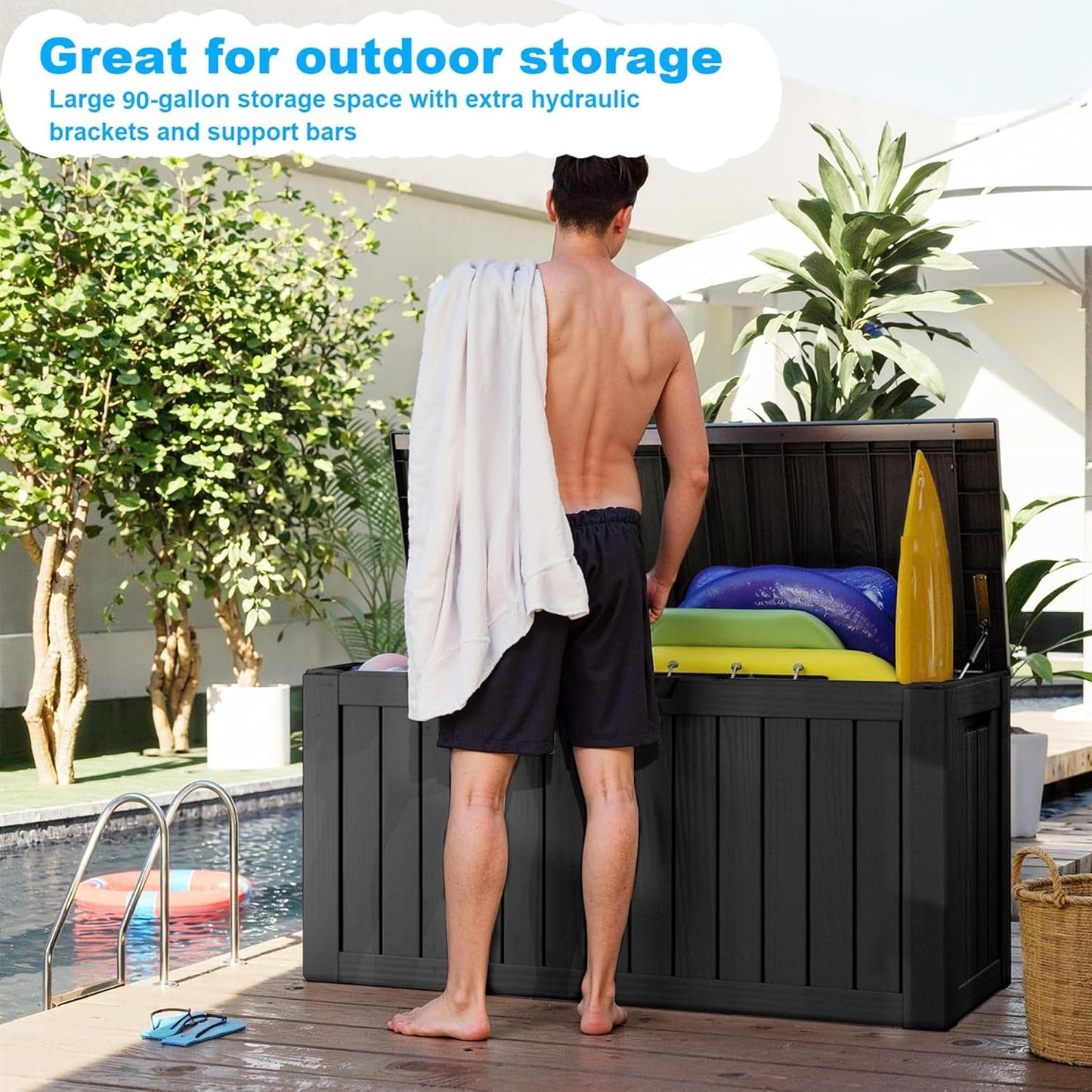 Skiennix 90 Gallon Waterproof Outdoor Storage Box - Lockable Resin Container for Patio Furniture & Tools | Black