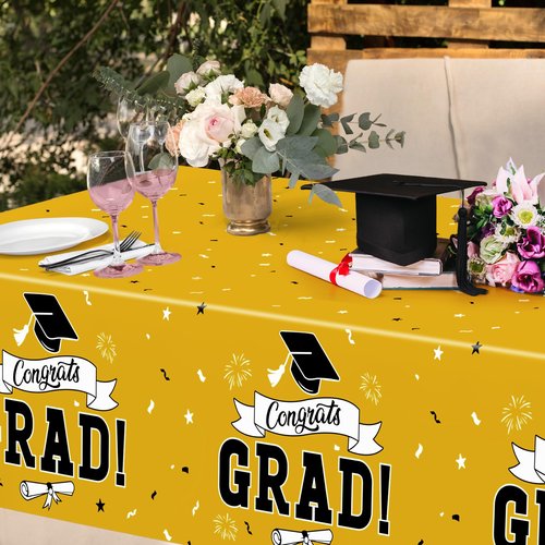 2 PCS 2026 Graduation Table Decorations, 108" X 54" Yellow Plastic Graduation Table cloths, Disposable Tablecover for Class 2026 Congrats Grad, Rectangle TableCloths for Grad Decor Party Supplies