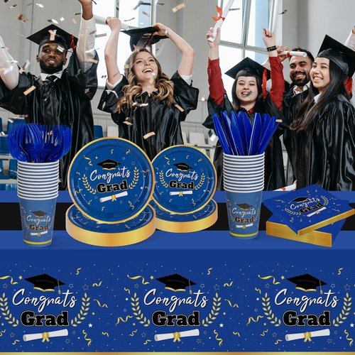 Graduation Decorations Class of 2026 Graduation Party Decorations,147 PCS Disposable Congrats Grad Tableware,Blue and Black Tablecloth Knives Fork Plates Napkin Cups for School,College,Party,Serve 24