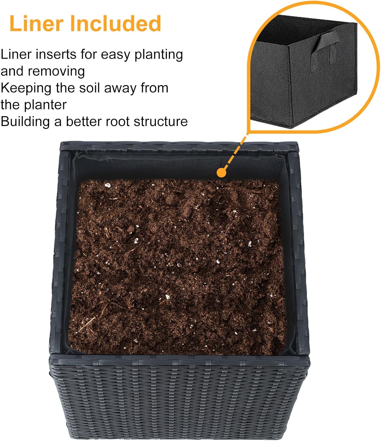 SUNNYPARK Large Square Planter Set - All-Weather PE Rattan with Removable Liner | Indoor/Outdoor Garden Pots