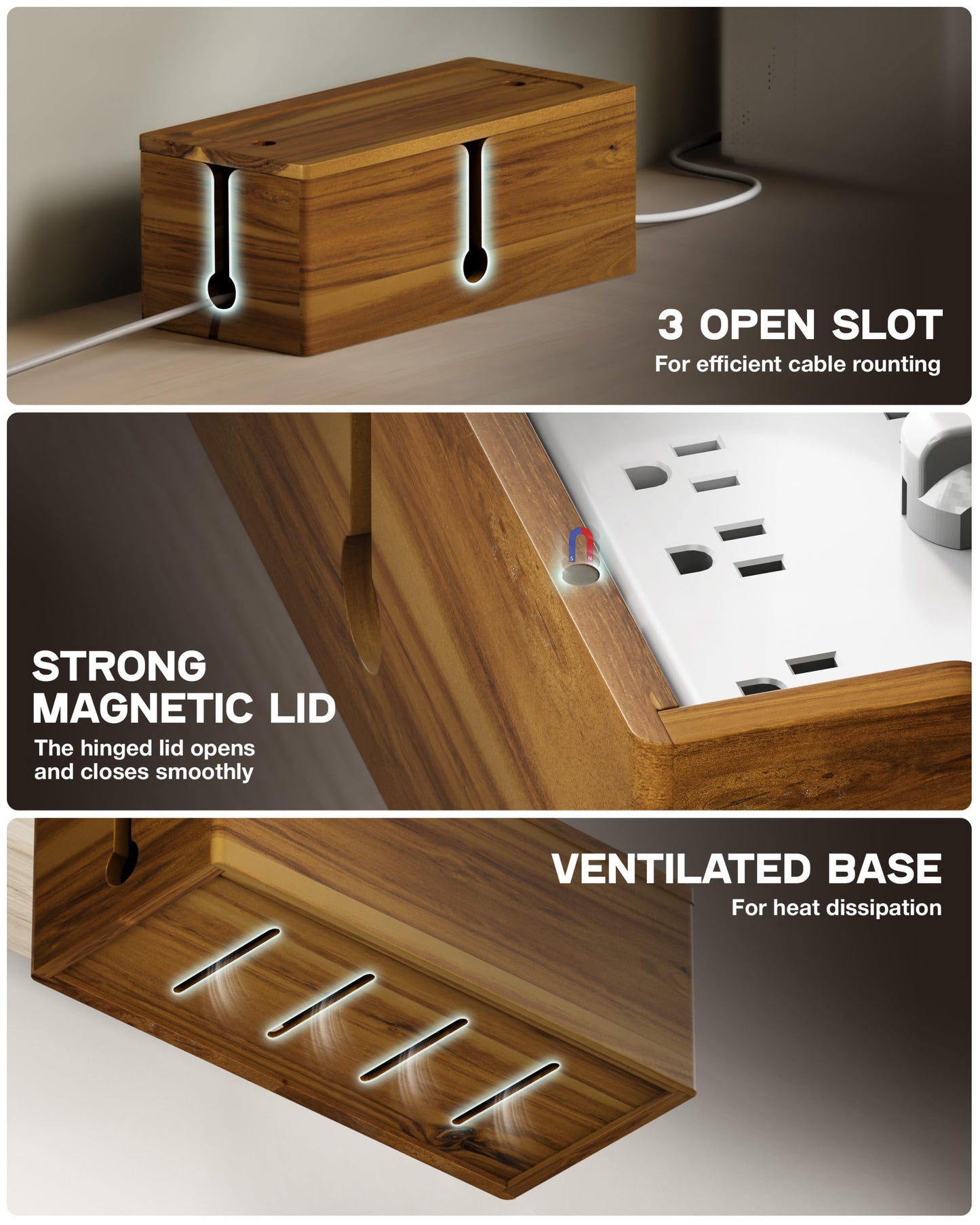 BLUEWEST 2-Pack Cable Management Box, Acacia Large Cable Cord Organizer Boxes for Power Strip – 3 Open Slots Wooden Cords Hider Box for TV Wires, Computer, Router, USB Hub and Under Desk Power Strip