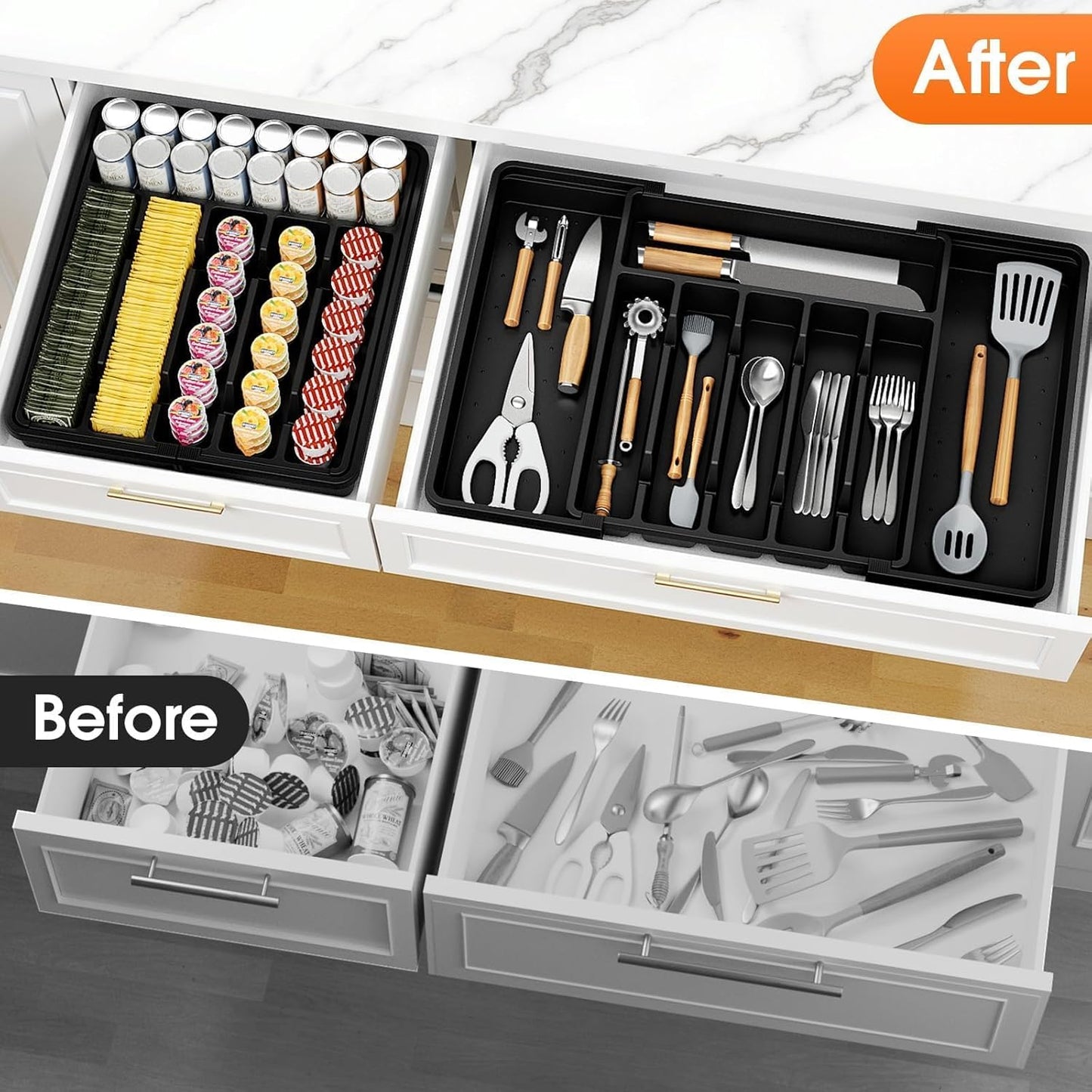 SpaceHacks Silverware Organizer - Adjustable & Expandable Utensil Drawer Holder | BPA-Free Cutlery Tray, Large Black