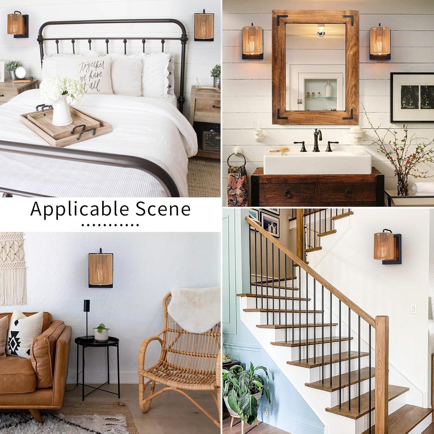 Boho Rattan Wall Sconces Set of Two, Farmhouse Wall Light Fixtures Lighting with Hand Woven Hemp Rope Shade Bedside Wicker Wall Lamp, Wall Mount Light Fixture for Bedroom Living Room Bathroom Stairway