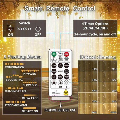 HXWEIYE 300LED Fairy Curtain Lights - 9.8x9.8Ft USB Plug-In with Remote | 8 Modes for Wedding & Bedroom Decor - Warm White, 2 Pack