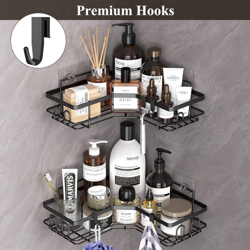 HuggieGems Corner Shower Caddy Organizer - 2 Pack Black Bathroom Shelves with Hooks for Efficient Storage