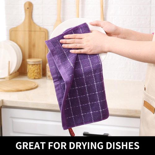 Homaxy 100% Cotton Terry Kitchen Towels(Purple, 13 x 28 inches), Checkered Designed, Soft and Super Absorbent Dish Towels, 8 Pack