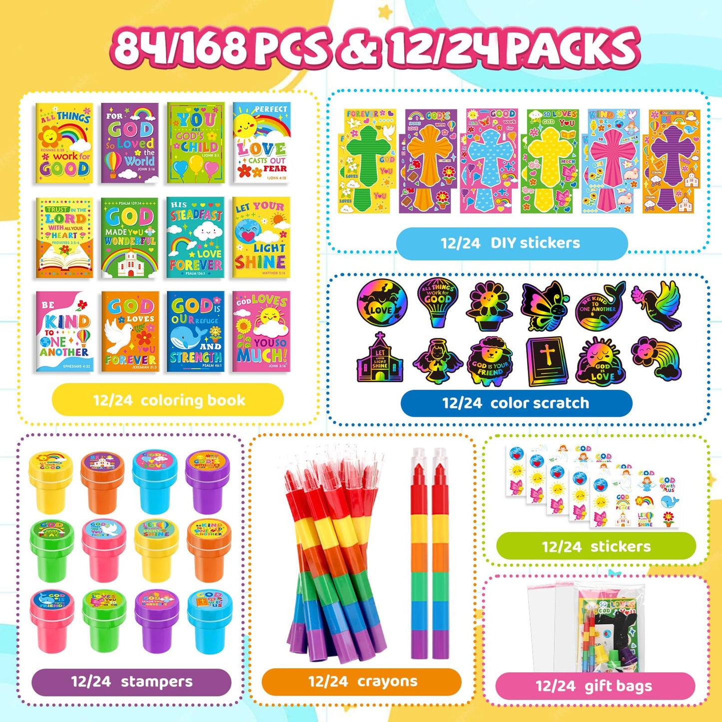 BenLouis Bible Party Favors Christian Inspirational Verses Coloring Set Gift Prizes Bulk for Kids Operation Christmas Child Sunday School Religious Activities Goodie Bag Stuffers（24set Verses）