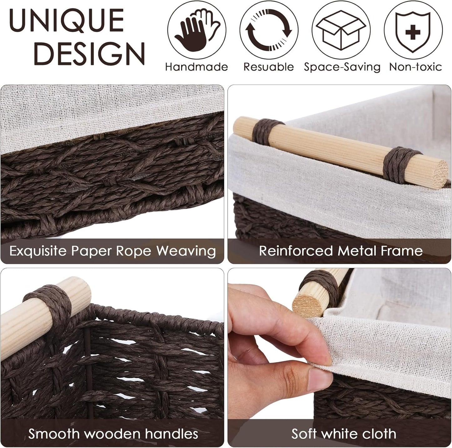 Wicker Storage Basket - Decorative Paper Rope Bathroom Organizer with Wooden Handle | 2 Pack, Brown