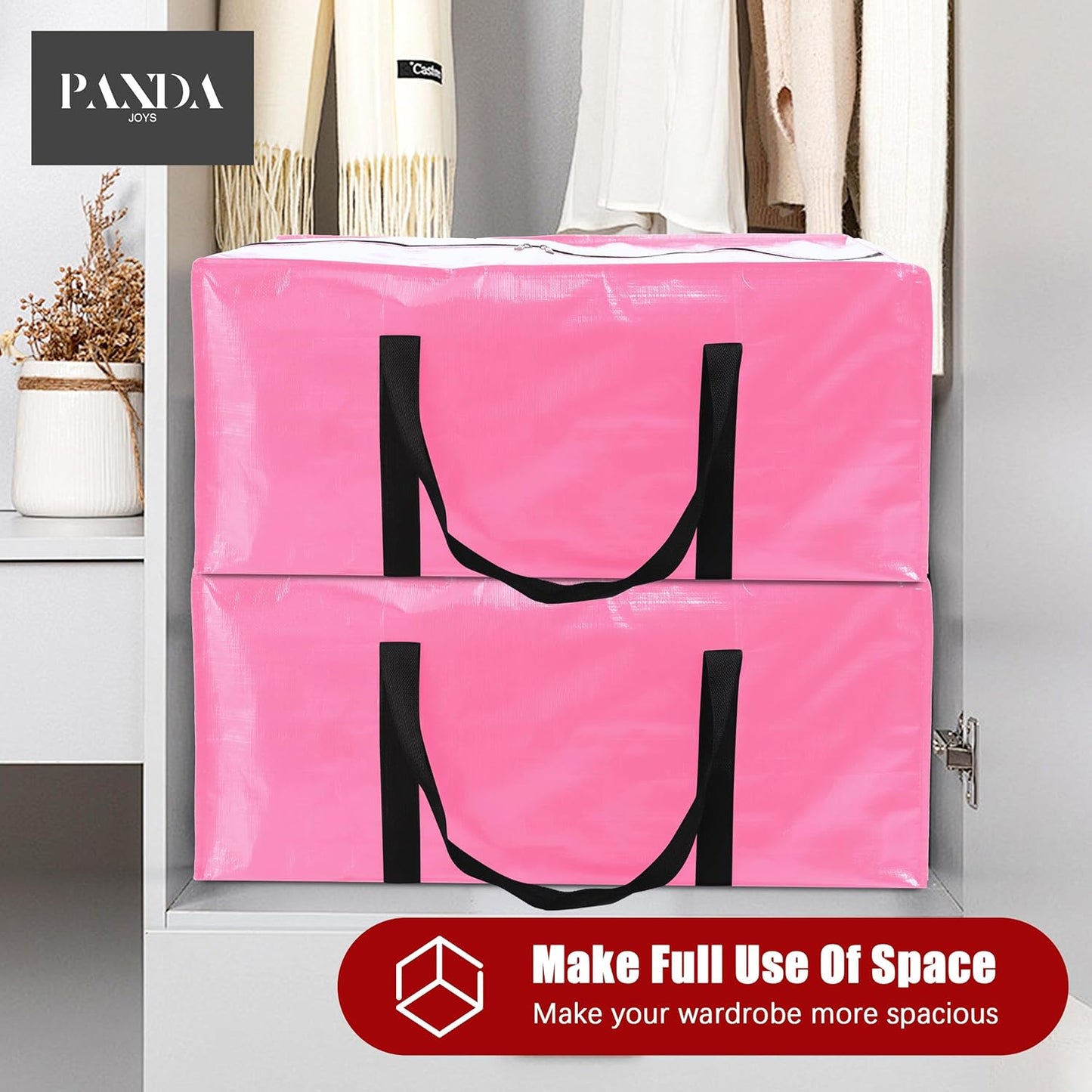 PANDA JOYS Extra Large Moving Bags - Heavy-Duty Storage Totes with Zippers & Handles | 12 Pack, Pink