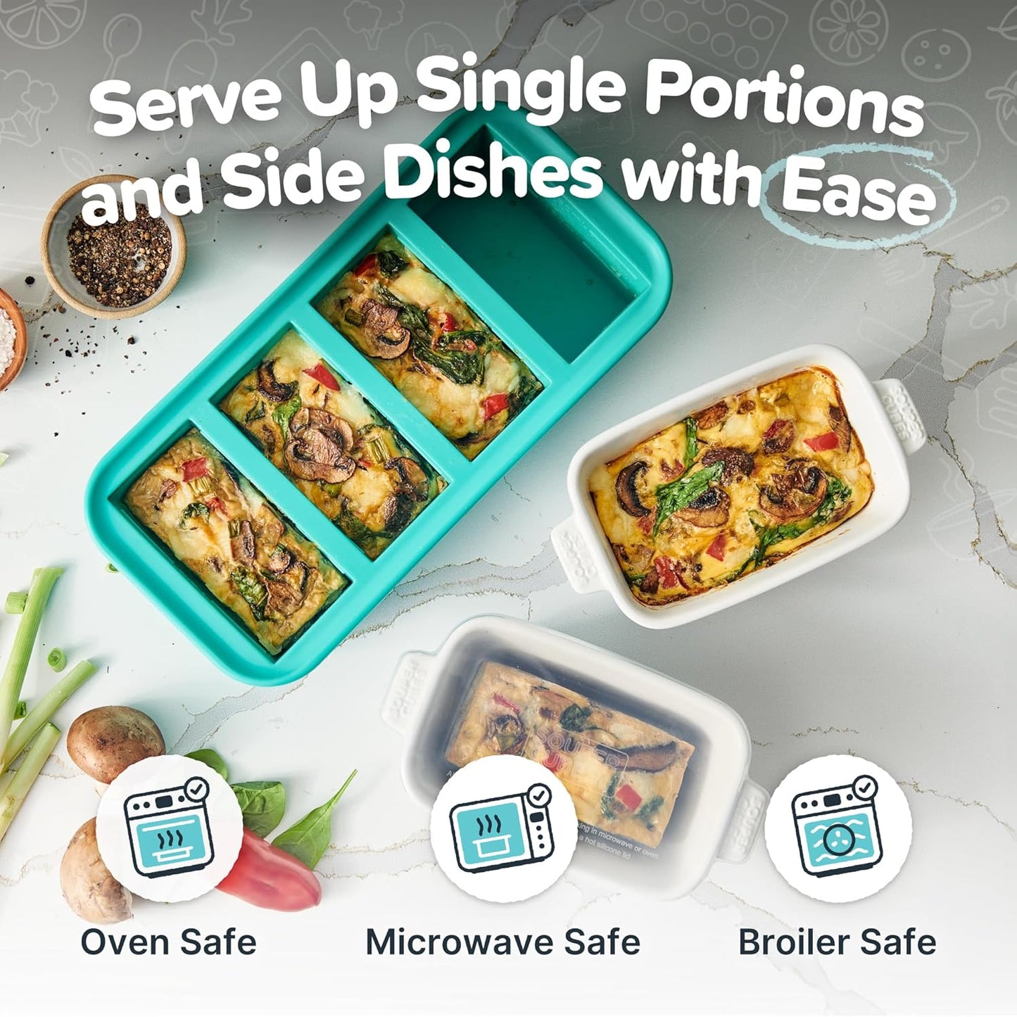 Souper Cubes Stoneware - Small 5" x 3" Ceramic Baking Dish Set of 4 with Silicone Covers | Ideal for Reheating Single Servings - White