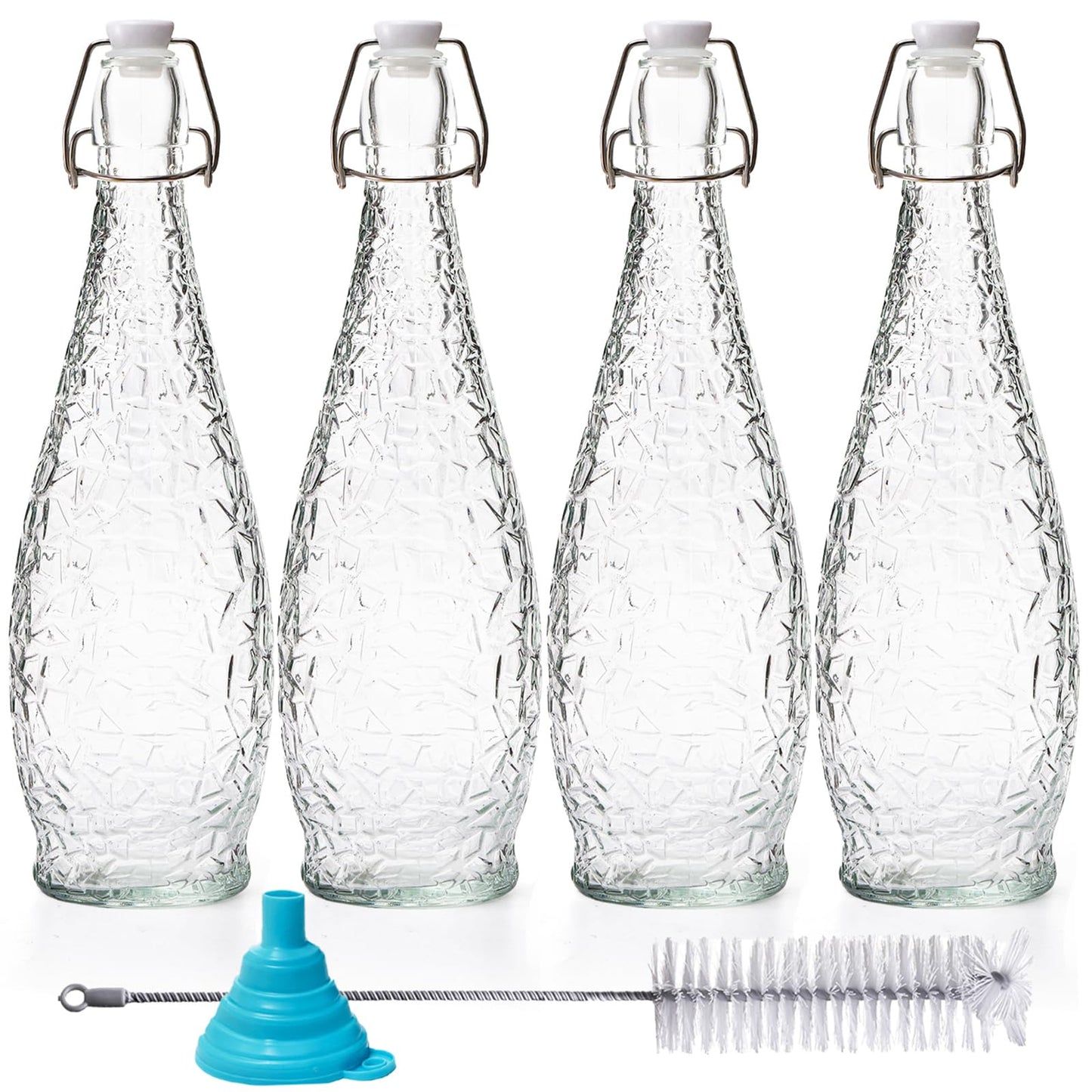 Nicunom 4 Pack 32 oz Swing Top Glass Bottles with Stopper, Airtight Flip Top Glass Bottles for Brewing, Kombucha, Beverages, Beer, Vinegar, Soda, Smoothies, Kefir, Juicing, Includes Brush & Funnel