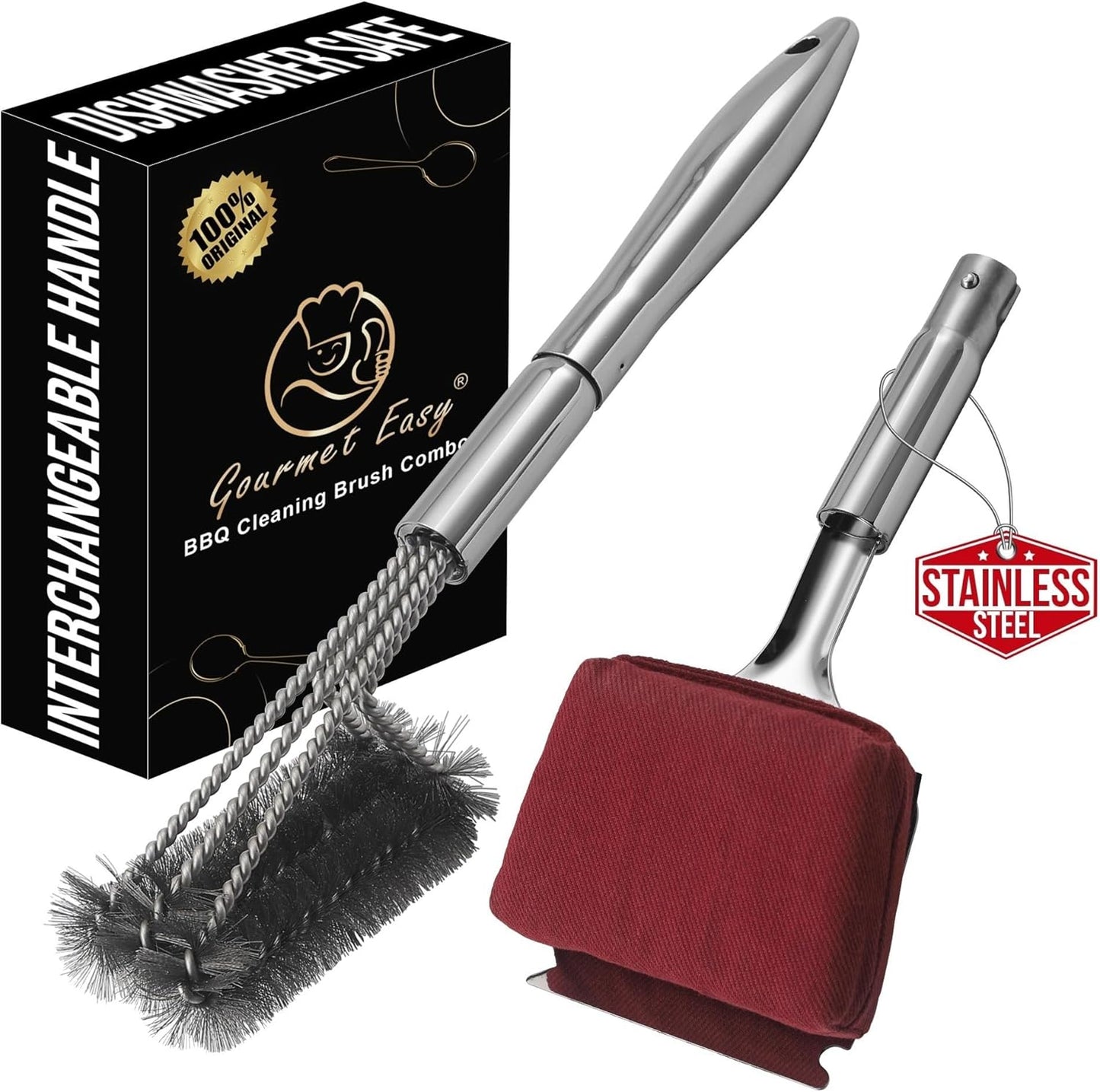 Skiennix 2-in-1 Stainless Steel Grill Brush Kit - Interchangeable BBQ Brush & Griddle Scraper with Fire-Resistant Sponge | Dishwasher Safe BBQ Cleaner