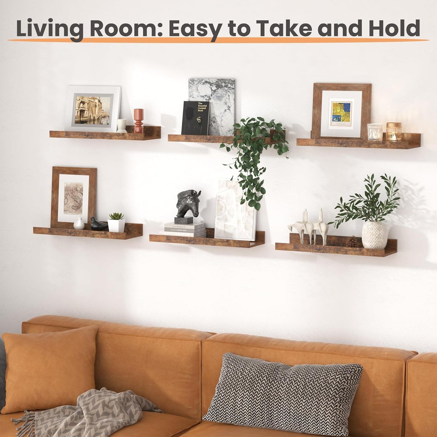 Upsimples 11x14 Picture Frame Bundle - 6 Pack Floating Wall Shelves in Brown