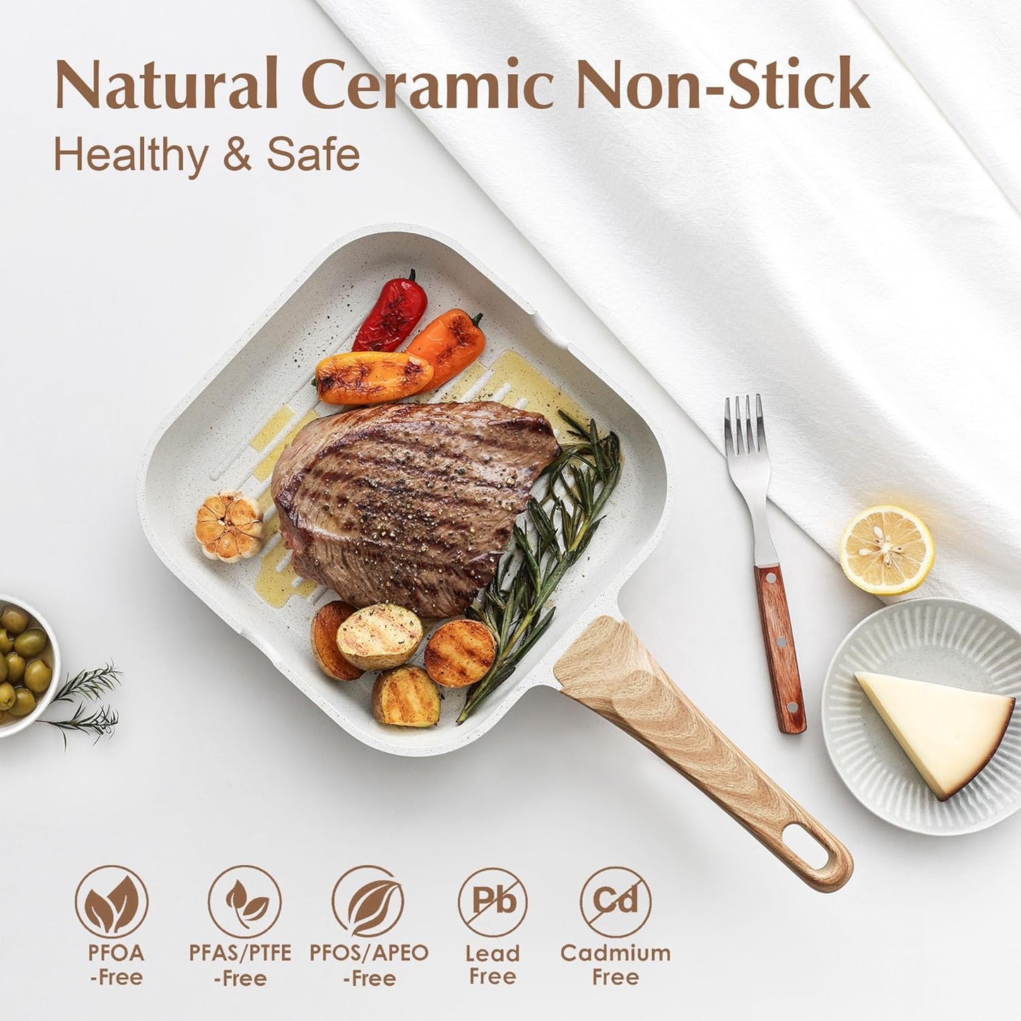 SENSARTE Nonstick Ceramic Grill Pan - Versatile 9.5-Inch Square Skillet for All Stoves | Durable & Non-Toxic