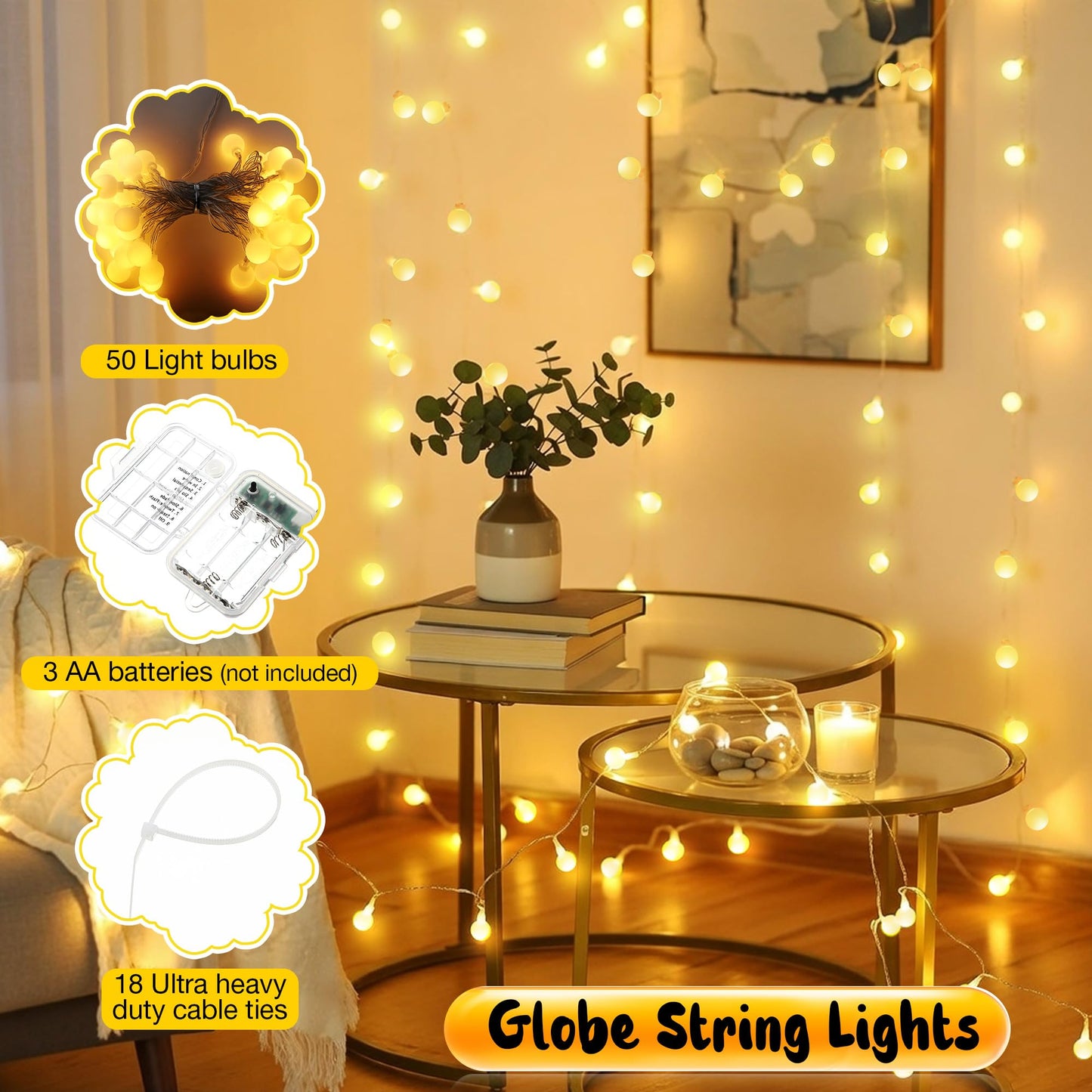 Enhon 1 Pack 23 ft 50 LED Battery Operated String Lights, Globe Starry Fairy Lights, 8 Modes, Plug in with Timer for Indoor Outdoor Bedroom Holiday Wedding Party Christmas Decor (Warm White)