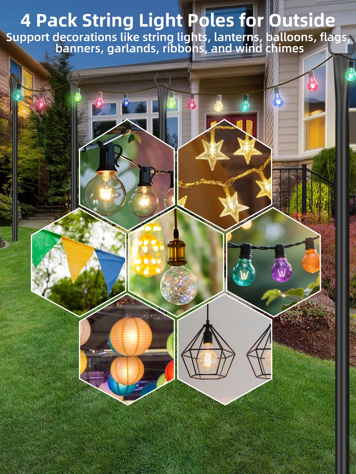 LRYXEG String Light Poles for Outside 4 Pack, 10ft Metal Outdoor String Light Poles for Deck - Ideal for Patio, Garden, Yard, Front Porch Decorations, Black