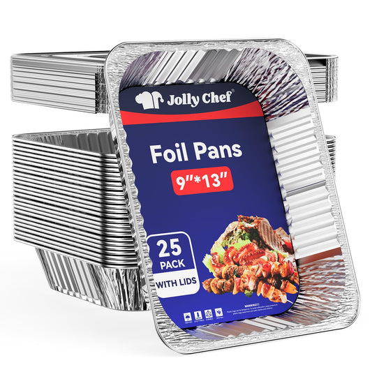 JOLLY CHEF 9x13 Aluminum Pans with Lids (25 Pack)- Disposable Foil Food Containers with Lids for Cooking, Heating, Storing, Prepping Food- Thanksgiving, Christmas, Parties