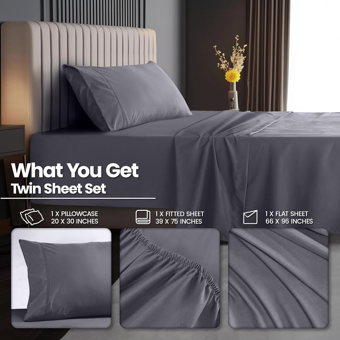 Utopia Bedding Twin Size Sheet Set - Extra Deep Pocket for Mattresses Up to 21" - Cooling & Soft - Oeko-Tex Certified (Grey)