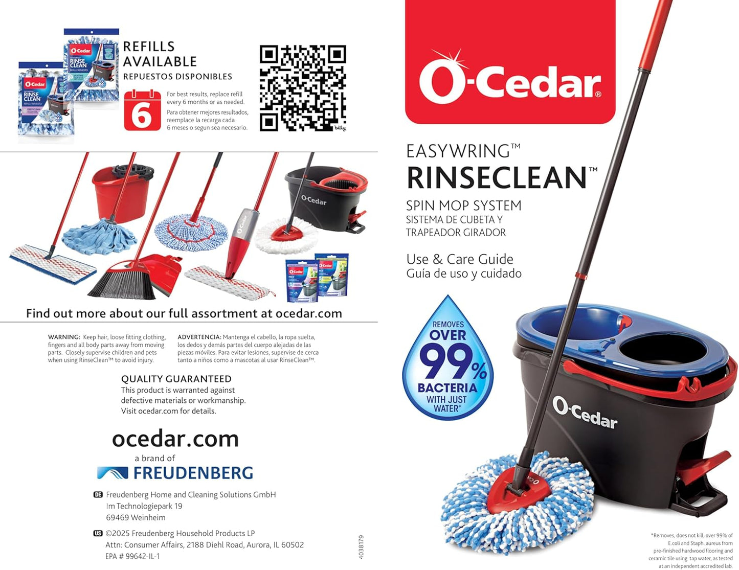 O-Cedar RinseClean Spin Mop System - Effortless Cleaning with Water | Eliminates 99% of Bacteria
