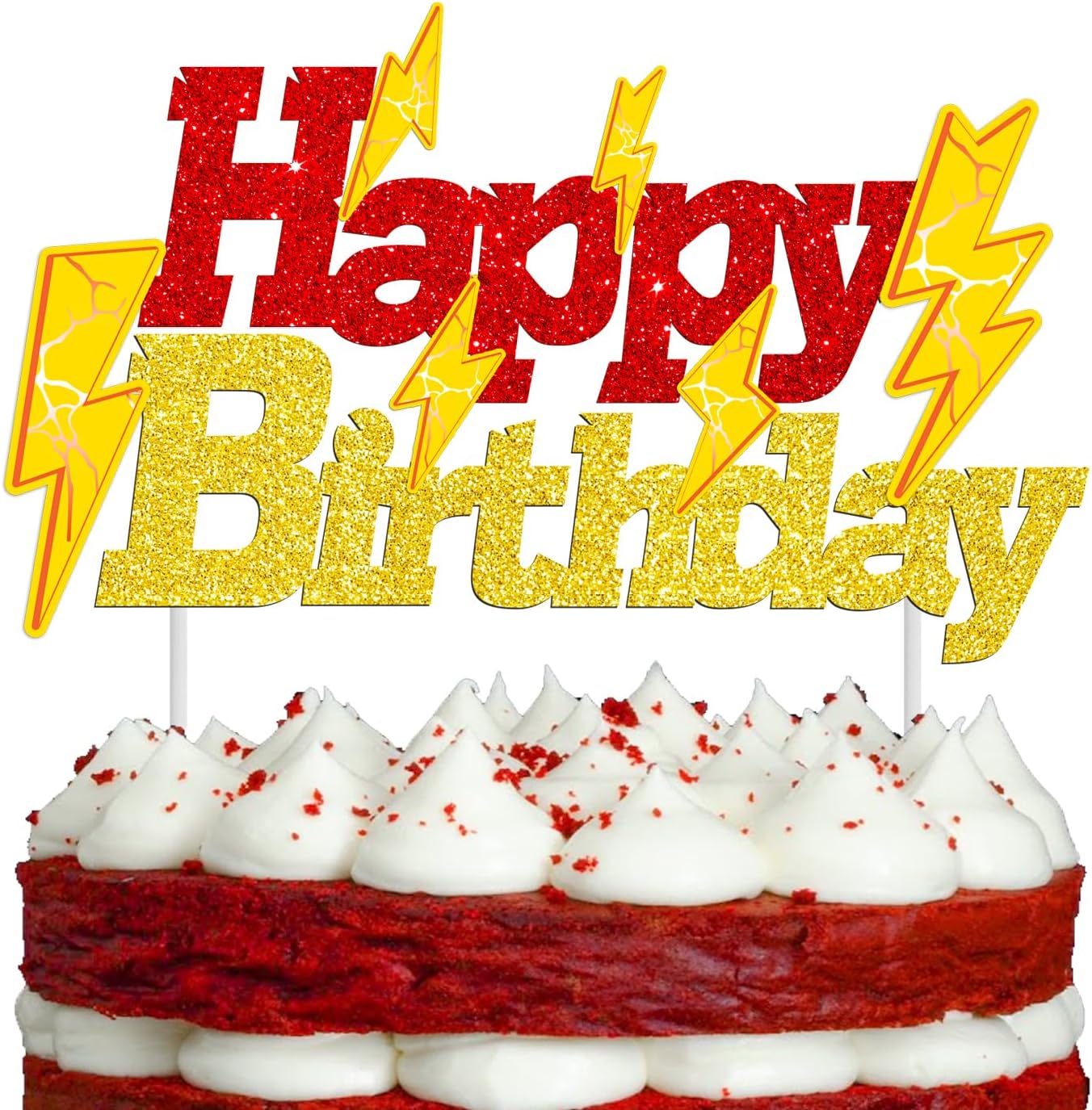 Lightning Bolt Birthday Cake Topper - Glitter Gold & Red Lightning Design | Perfect for Parties & Baby Showers