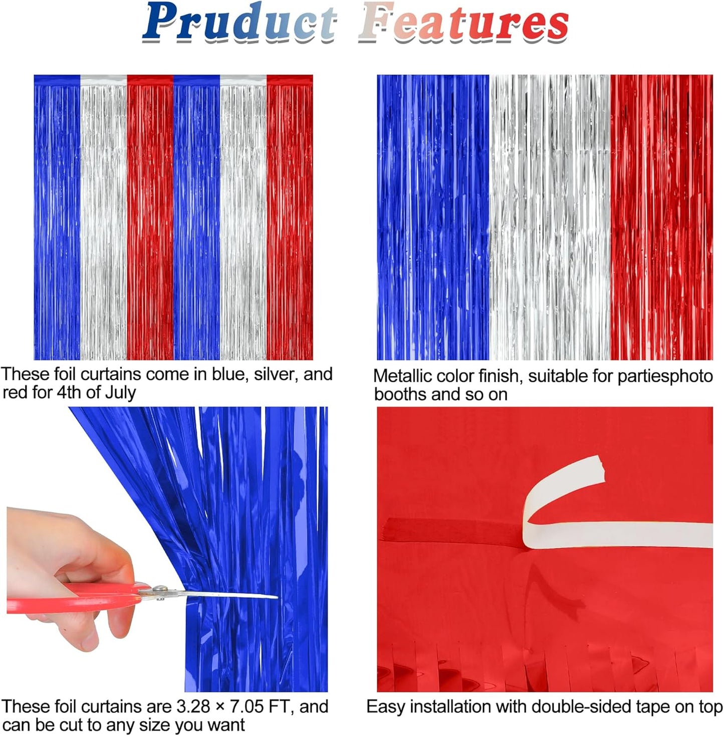 Patriotic Tinsel Backdrop by [Brand Name] - 12 Pack Metallic Blue, Silver & Red Fringe Curtains | 3.28 FT x 7.05 FT Independence Day Party Decorations