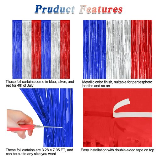 12 Pack 4th of July Decorations, 3.28 FT x 7.05 FT Patriotic Tinsel Backdrop, Metallic Blue Silver Red Fringe Curtains Party Streamer Foil Backdrop, Independence Day Party Supplies Patriotic Decor