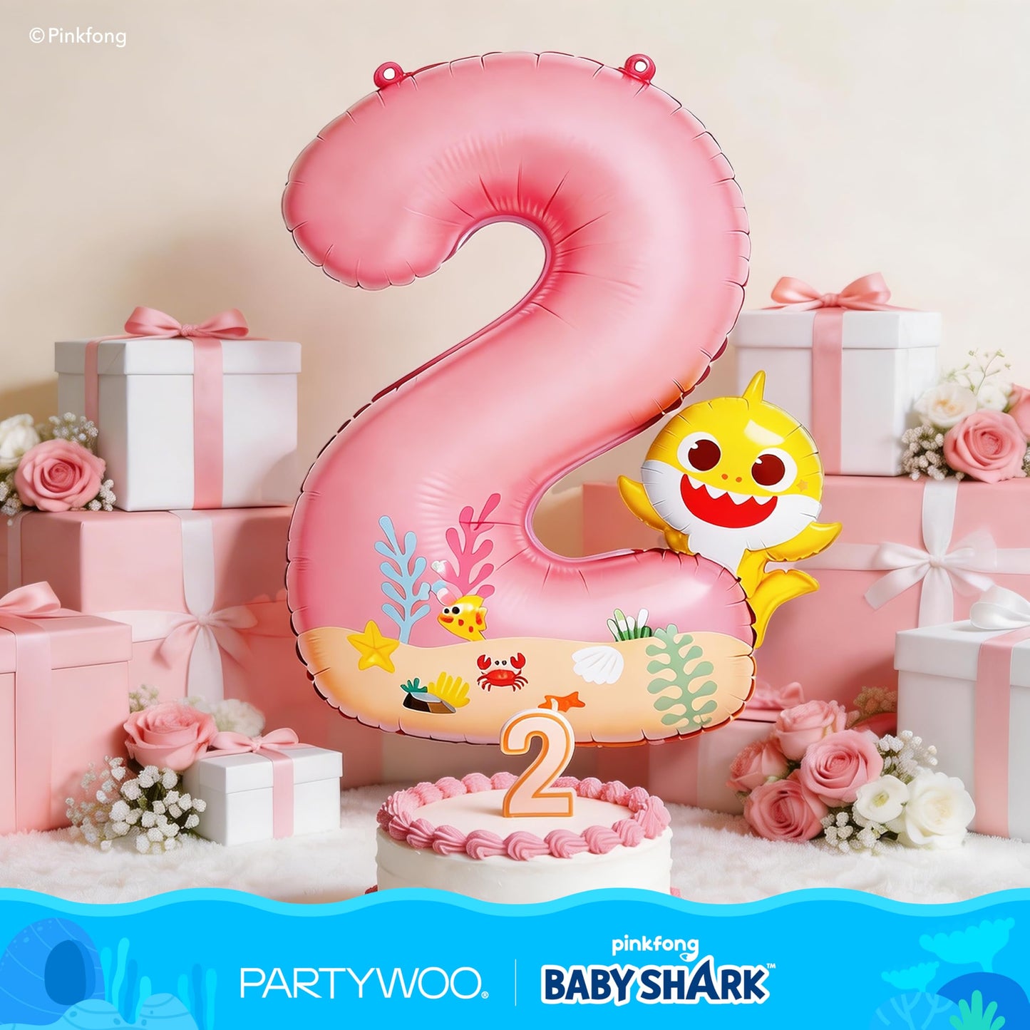 PartyWoo Baby Shark Pink Foil Number 2 Balloon 40 Inch Pink Mylar Helium Birthday Number Balloons for Girls and Boys Baby Shark Under the Sea Ocean Theme Kids Second Birthday Party Decorations