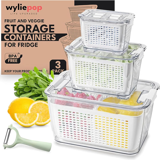 Premium Fruit Storage Containers - 3-in-1 Produce Organizer with Strainer & Colander | Large Clear Set of 3