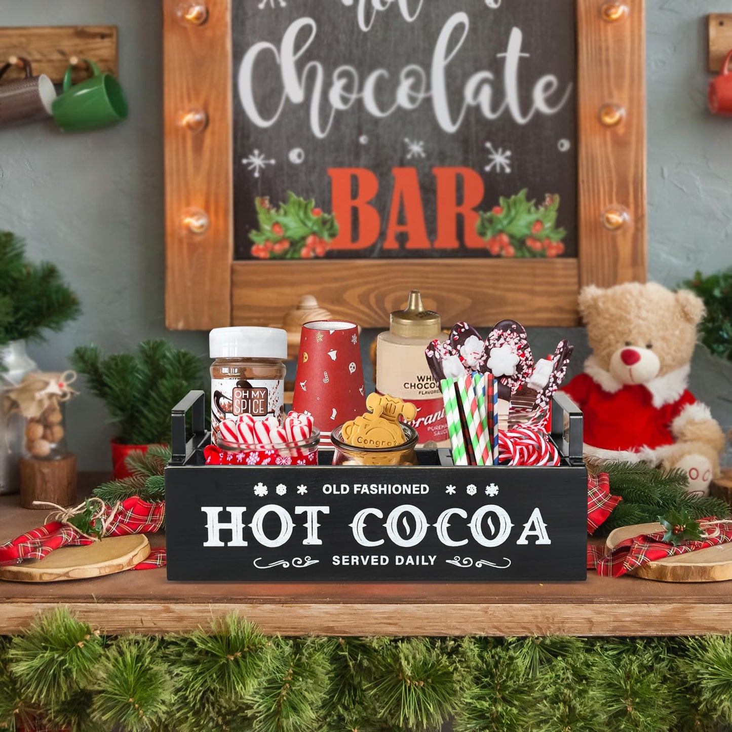 Hot Chocolate Bar Organizer with Handle, Farmhouse Hot Bar Supplies for Chocolate Maker, Countertop Wood Coffee Station Organizer Decorative Storage Bins, Cocoa Lovers Gift