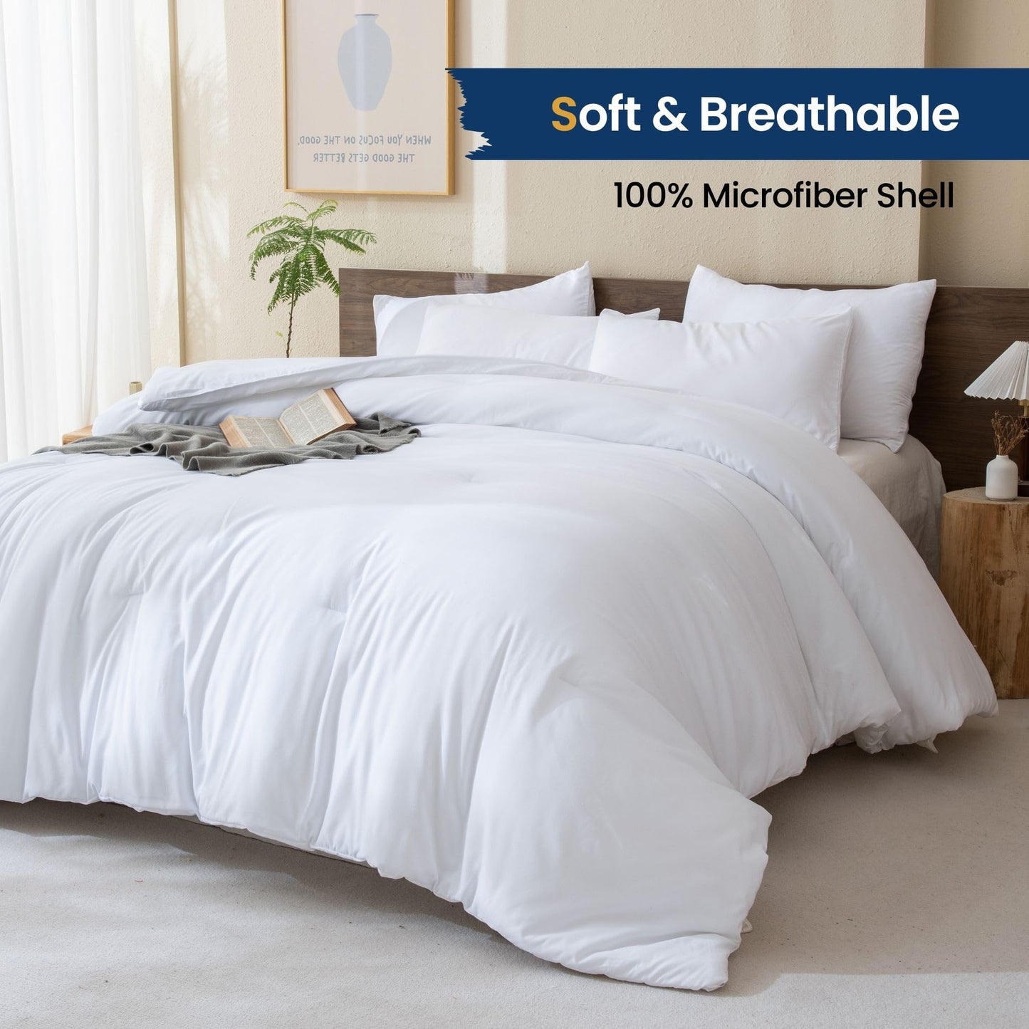 Paxrac Classic Pure White Comforter Queen Size, 3 Pieces Boho Comforter Set, Lightweight Solid Bedding Set, All Seasons Soft Breathable Queen Comforter Set (90x90In Comforter & 2 Pillowcases)