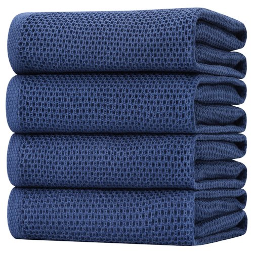 Homaxy 100% Cotton Oversized Waffle Weave Kitchen Dish Towels, Ultra Soft Absorbent Quick Drying Cleaning Towel, 20 x 28 Inches, 4-Pack, Navy Blue