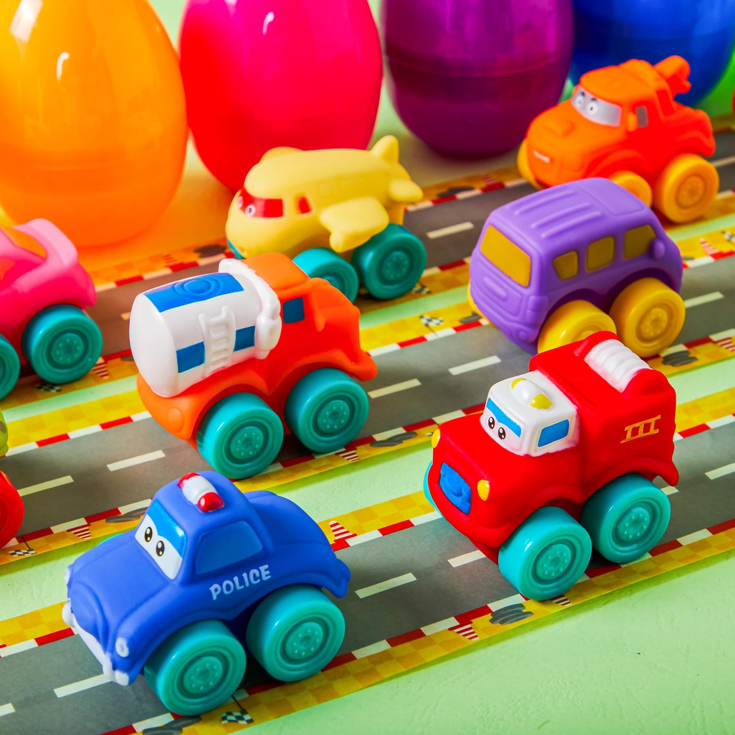 JOYIN 12 Pcs Easter Eggs with Toys, Plastic Eggs with Rubber Cars, Basket Stuffers, Party Favors for Toddlers and Kids, Easter Game, Classroom Prize Supplies