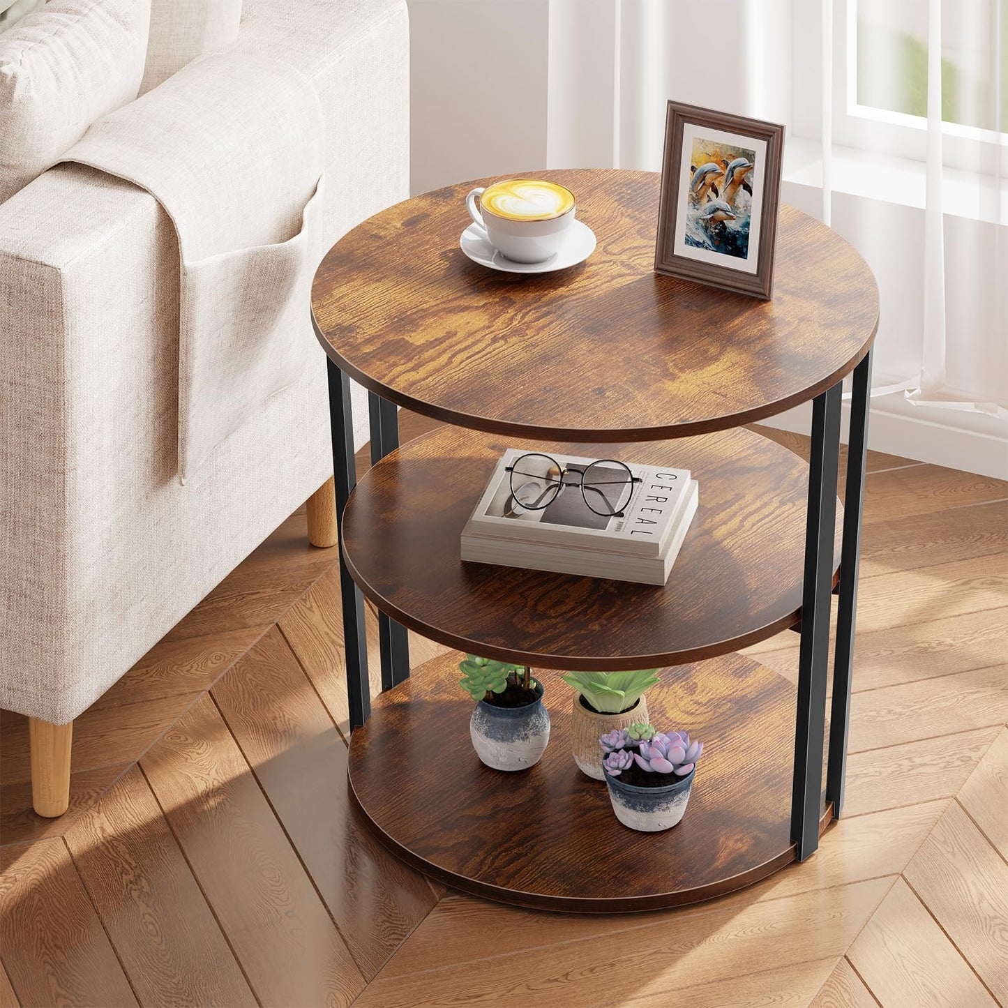 Kalrin Round Side Table, 3-Tier Rotating Side Table, Big Shelf End Table Living Room with Lazy Susan, Nightstand for Small Spaces Living Room Bedroom Sofa, Vintage Brown