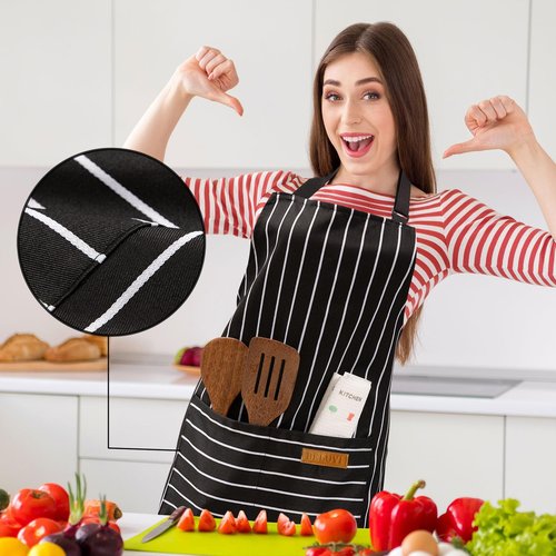 BeLuyi 2 Pack Adjustable Bib Apron with 2 Pockets Chef Cooking Kitchen Restaurant Aprons for Women Men (Wine/Black Stripes)