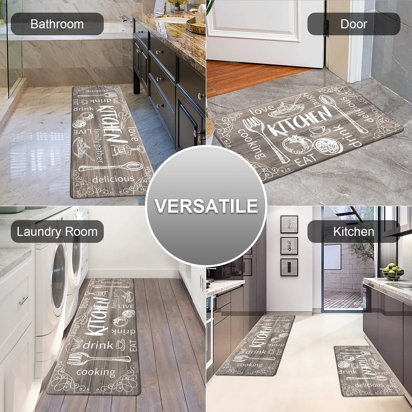 HEBE Kitchen Rugs Set of 2, Cushioned Anti Fatigue Kitchen Mats for Floor, Non Slip Waterproof Comfort Standing Desk Mat Carpet for Sink, Stove, Laundry Room, Brown
