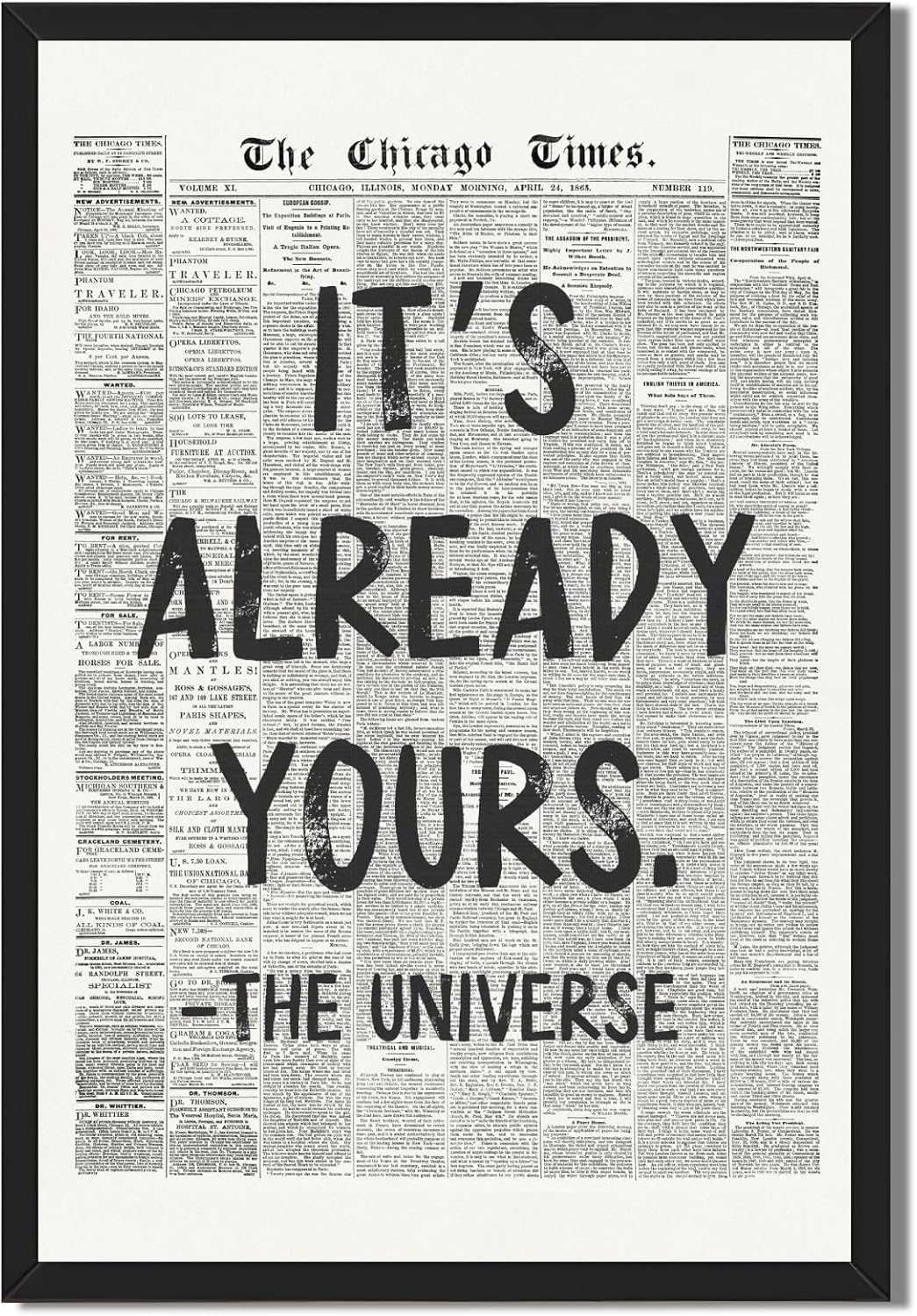 Licpach Retro Black and White Newspaper Wall Art - Inspirational Quote Canvas Print | 8x12 Inch Black Frame