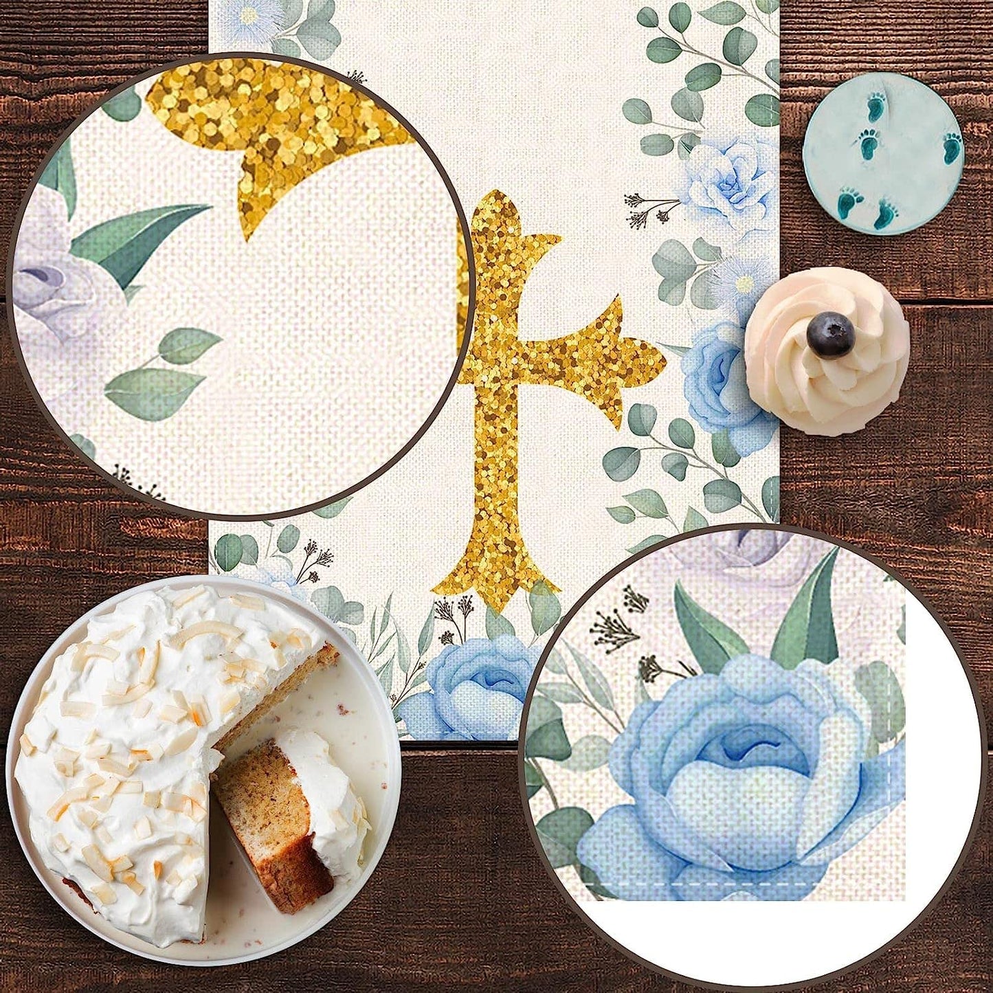Pudodo Boy Baptism Table Runner God Bless First Holy Communion Christening Baby Shower Party Kitchen Dining Home Decoration (13" x 72", Blue)
