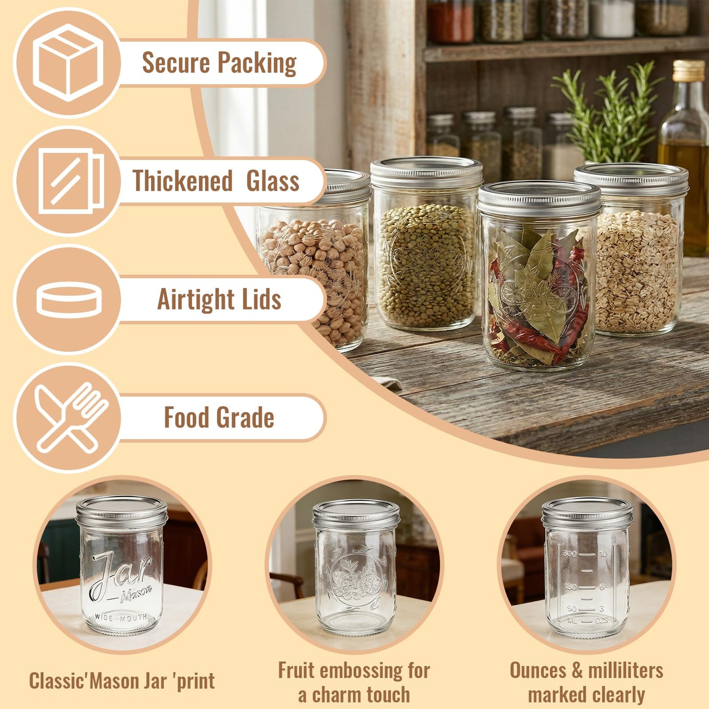 16 oz Wide Mouth Mason Jars with Embossing Pattern, 6 Pack Canning Jars with Volume Marks,Pint Glass Jars with lids for Fermenting,Pickling,Preserving,Meal Prep,Pantry organization,Gift Giving&Crafts