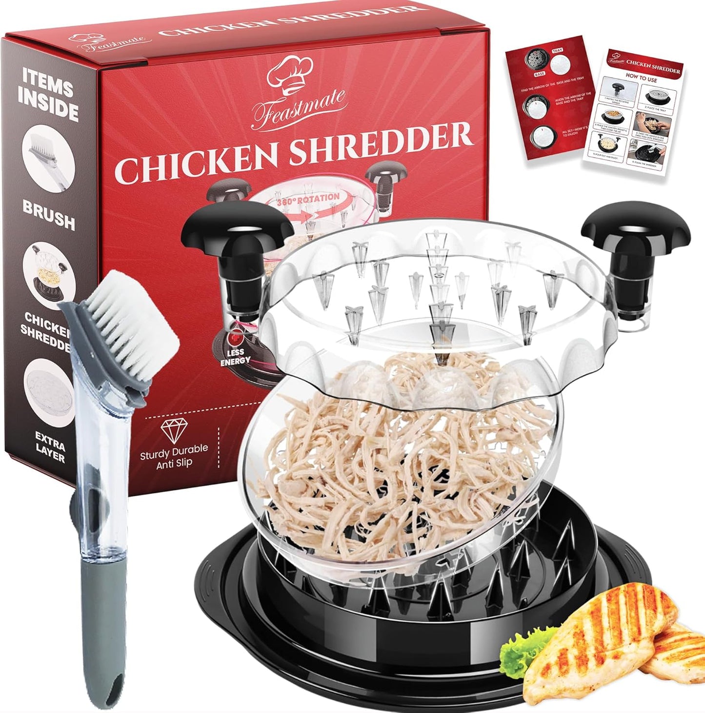 Skiennix 10” Pro Chicken Shredder Tool - Handheld Meat Shredder with Visible Lid & Extra Plate | BPA-Free