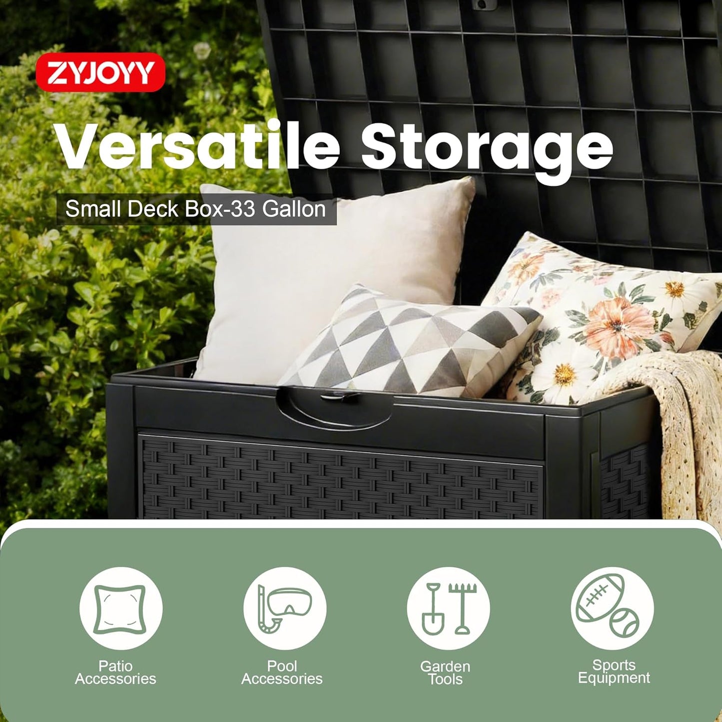 ZYJOYY 33 Gallon Waterproof Outdoor Storage Box - Lockable Resin Deck Box for Cushions & Garden Tools