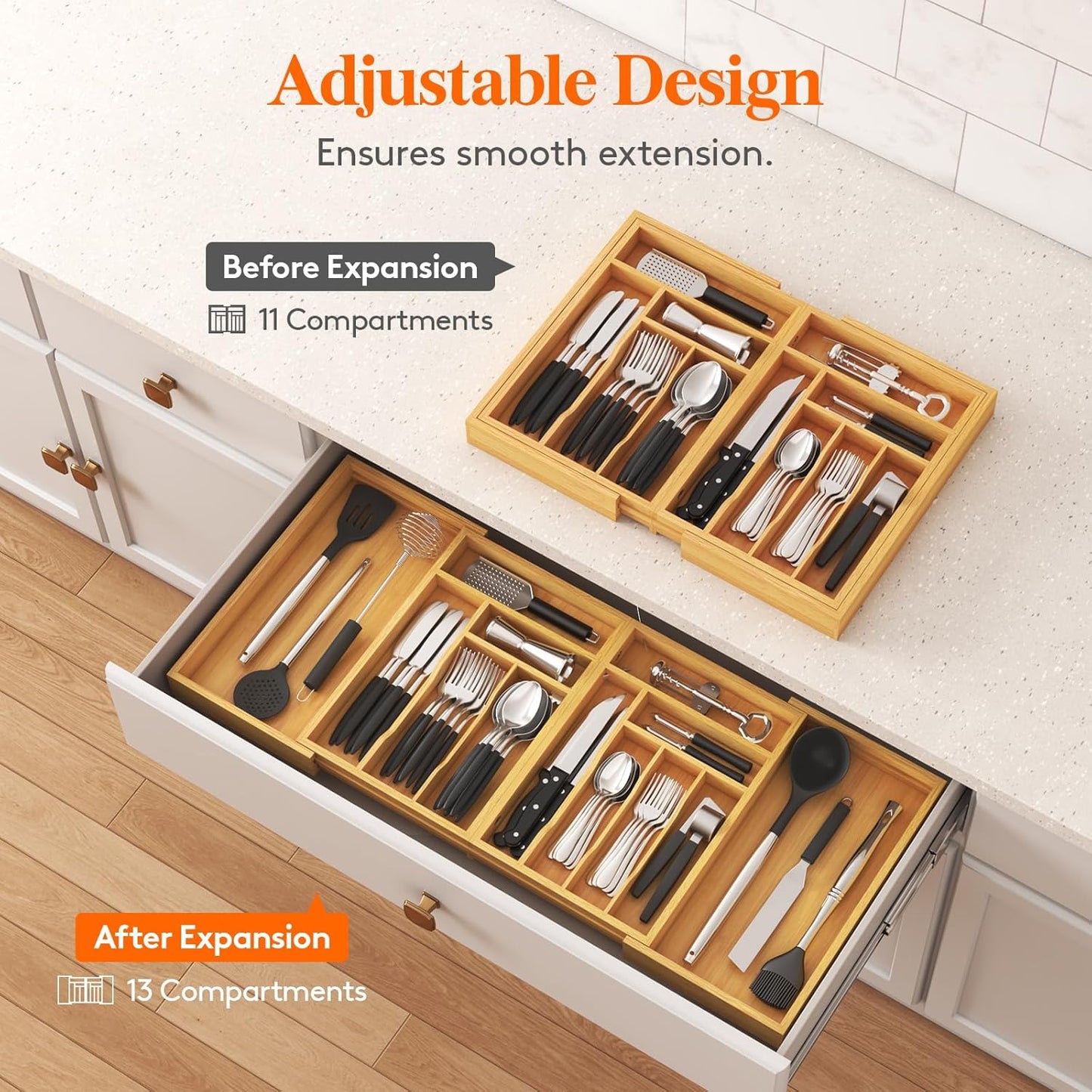 Lifewit Bamboo Silverware Drawer Organizer - Expandable 21.4 to 36 Inches | 13 Compartment Utensil Tray