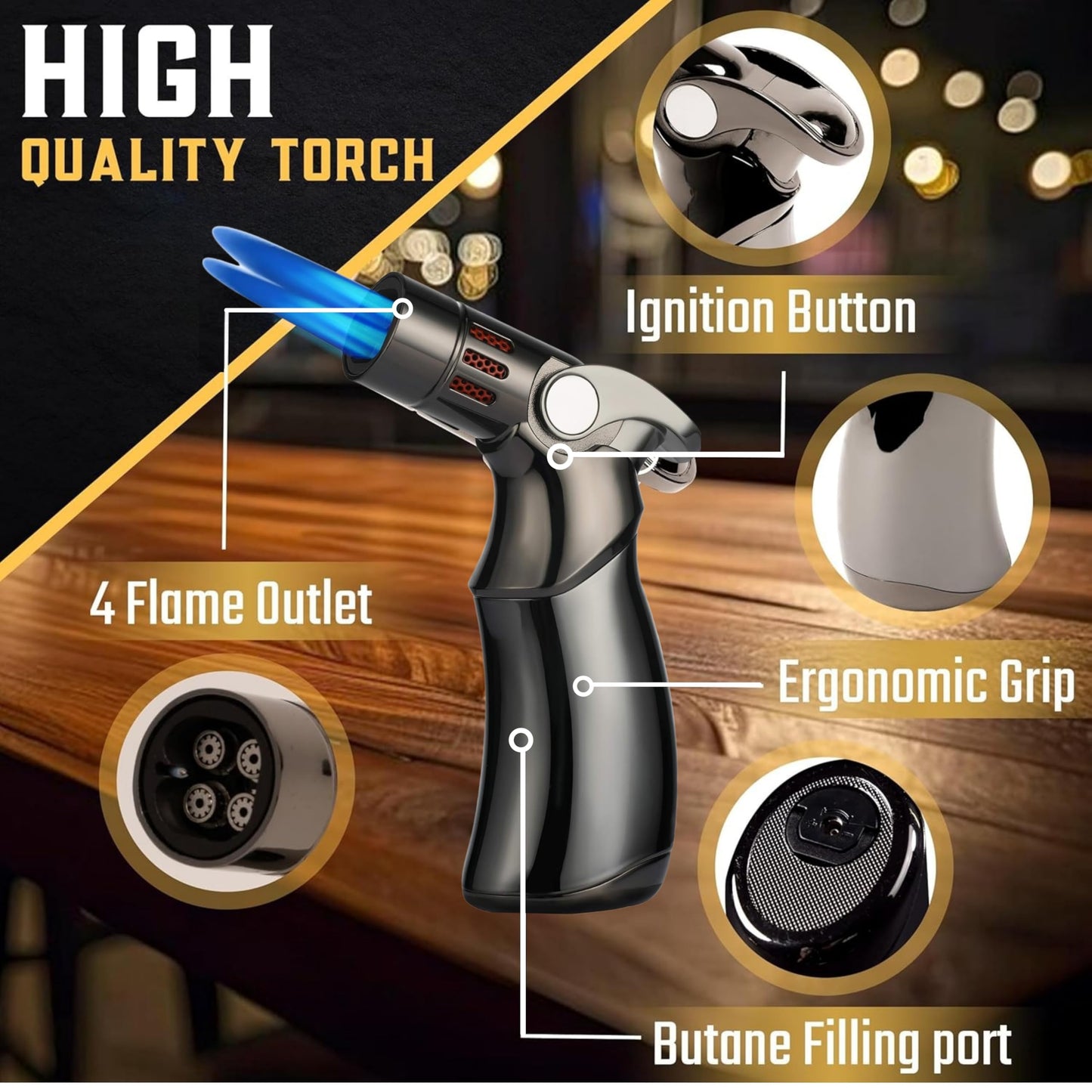 Whiskey Smoker Kit with QuadTorch, 6 Wood Chips, & Wood Box for Smoking Drinks| Cocktail Smoker Kit| Bourbon Smoker Kit| Old Fashioned Smoker Kit| Smoked Whisky Gift for Father's Day (No Butane Incl.)