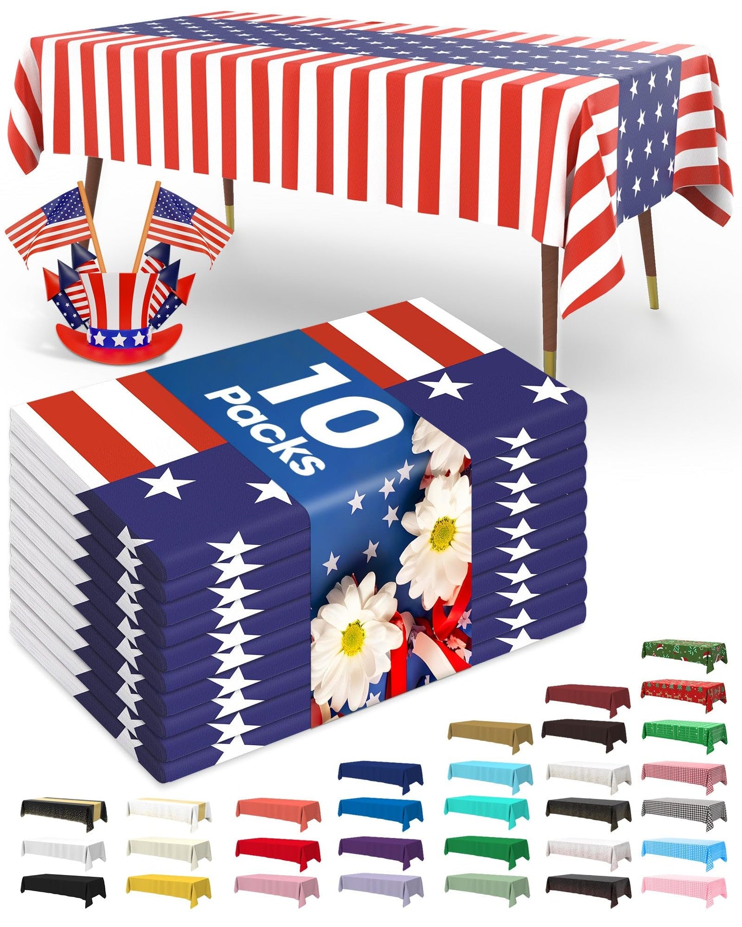 Pureegg 4th of July USA 250th Anniversary Plastic Tablecloth Disposable 10 Pack, Patriotic American Flag Rectangle Table Cover 54 x 108 Inch, Table Cloth for Independence Day BBQ Picnic Party