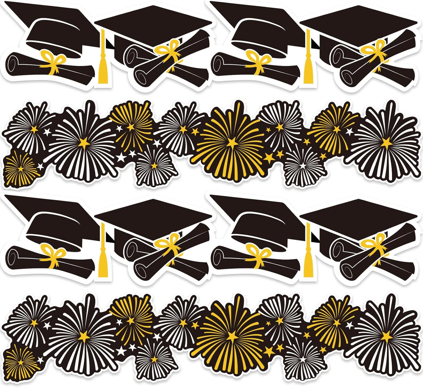Whaline Graduation Bulletin Board Border - 69Ft Black, Gold & White Cap Firework Design for School Decor