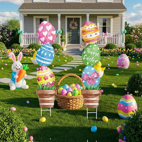 CroBlissful Large Metal Easter Eggs - Rustic 29-Inch Outdoor Yard Decorations for Spring Garden