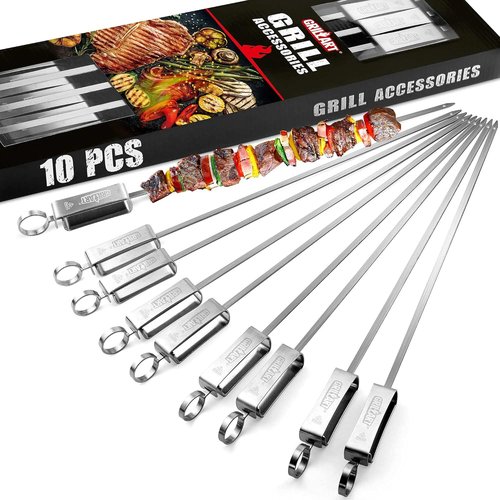 GRILLART Kabob Skewers - Stainless Steel BBQ Skewers with Slider | 17" Flat Skewers for Meat, Shrimp & Veggies (10PCS)