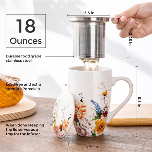 GBHOME Tea Mug with Infuser and Lid, 18 Ounce Large Ceramic Loose Leaf Tea Cup, Microwave, Dishwasher Safe Tea Steeping Mug, Pefect Gift For Tea Lover.