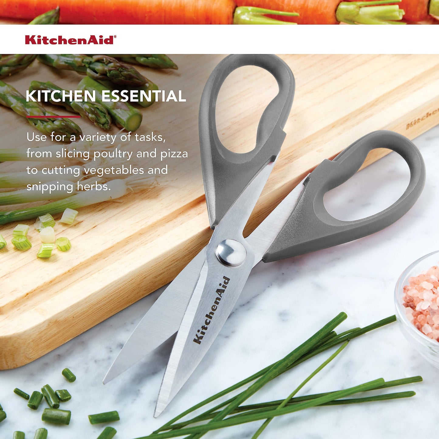 KitchenAid All Purpose Kitchen Shears with Protective Sheath Durable Stainless Steel Scissors, Dishwasher Safe, Soft Grip Comfort Handle, 8.72 Inch, Gray