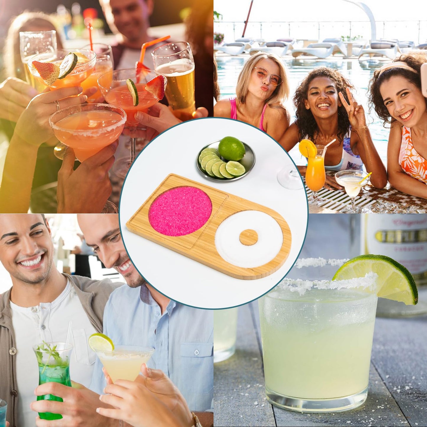 Mugvell Margarita Salt Rimmer Set, Sugar and Salt Rimmer for Cocktails, Bartender Tool with Wood Bamboo Glass Rimmer for up to 5.1" Rims, Essential Margarita Set for Party Bar Celebration
